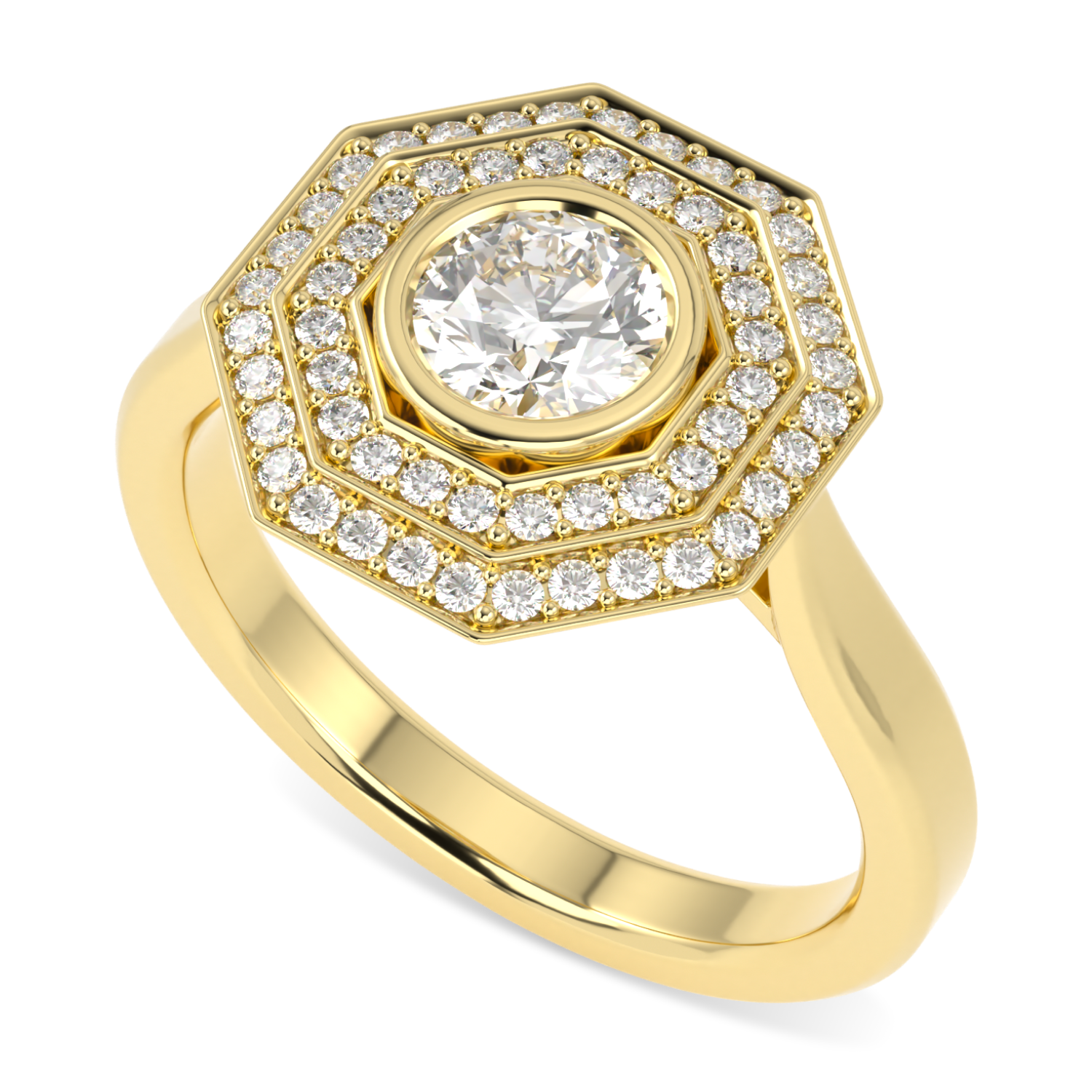 Brilliance 40 Yellow Gold Diamond Double Octagonal Halo Ring