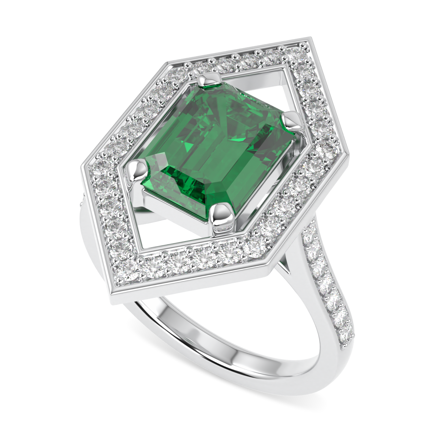 Empress Emerald Diamond Hexagonal Halo Ring