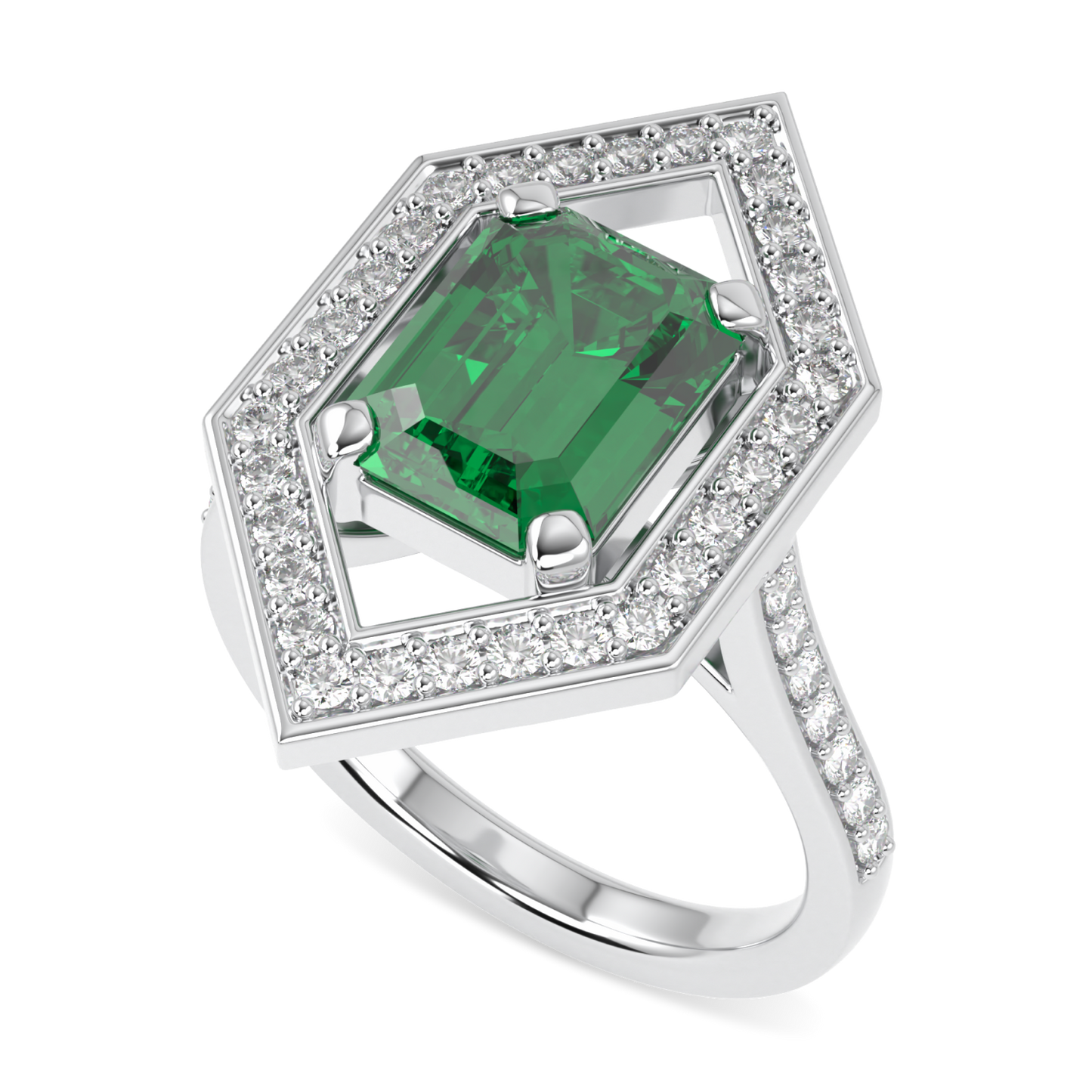 Empress Emerald Diamond Hexagonal Halo Ring