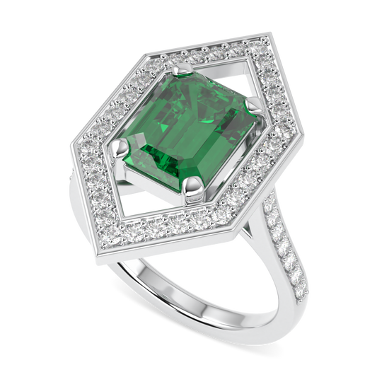 Empress Emerald Diamond Hexagonal Halo Ring