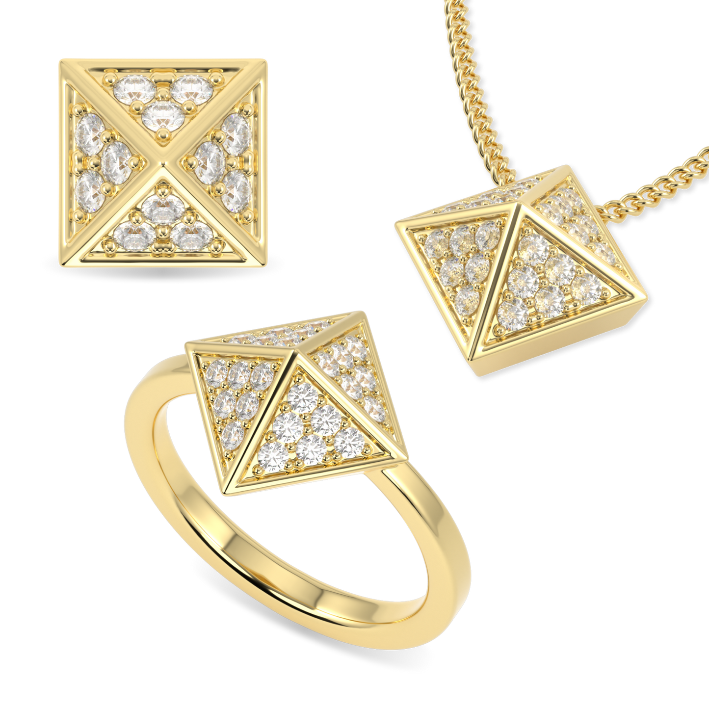 Origami Yellow Gold Ring, Pendant and Studs Set