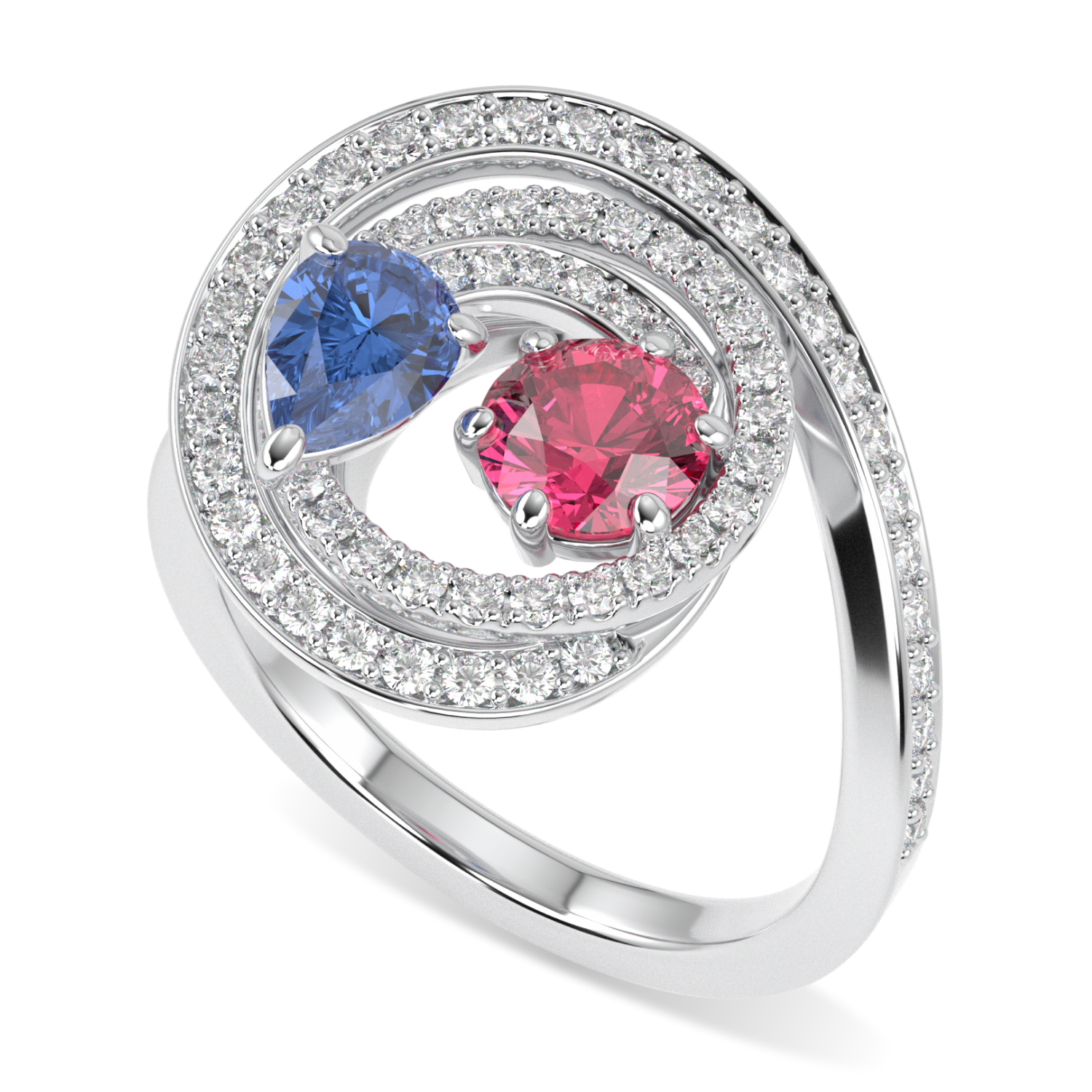 Serpentine Large White Gold Diamond Sapphire Tourmaline Ring