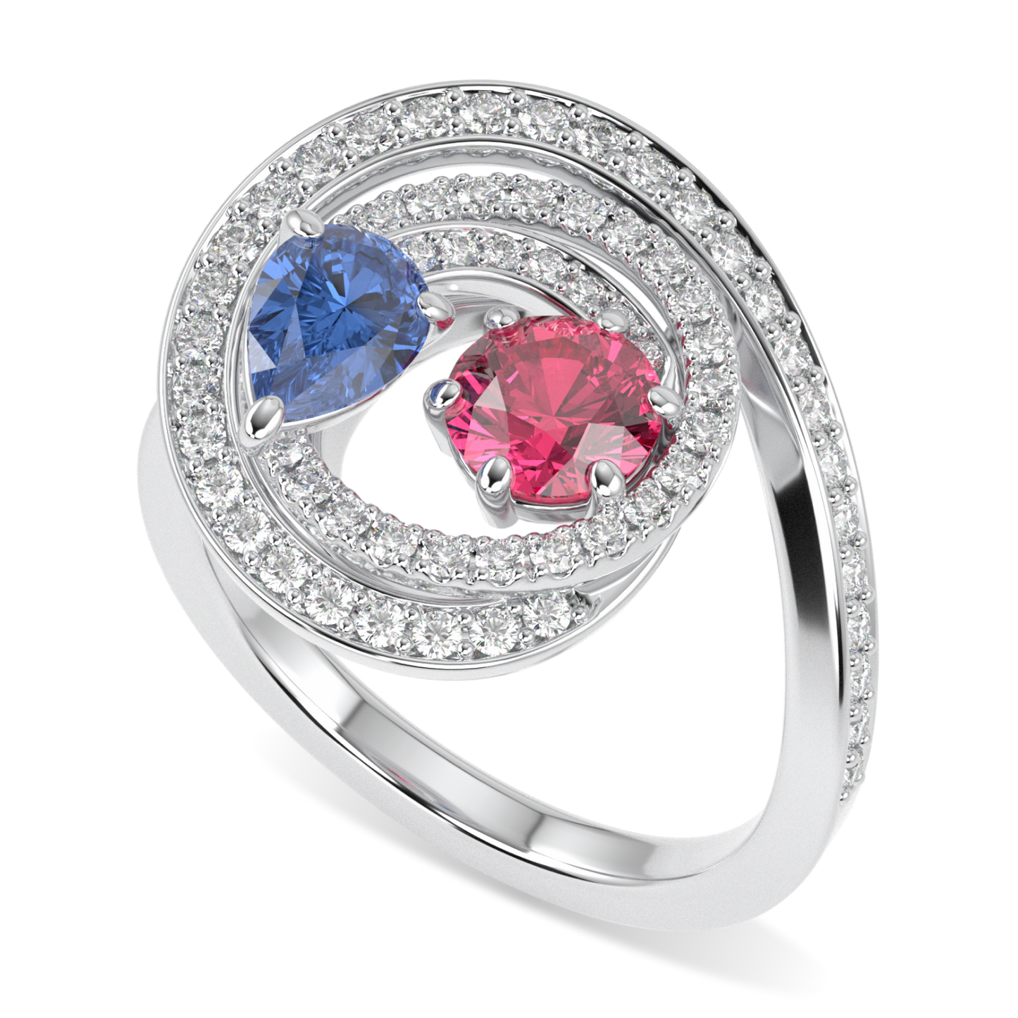 Serpentine Large White Gold Diamond Sapphire Tourmaline Ring