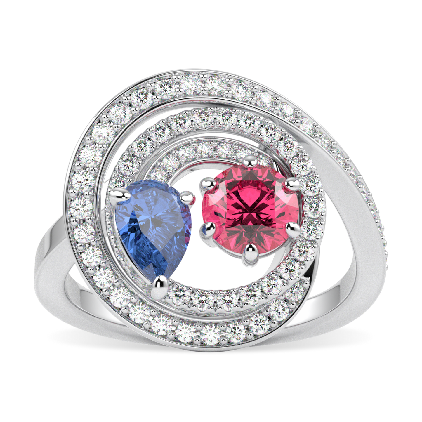 Serpentine Large White Gold Diamond Sapphire Tourmaline Ring